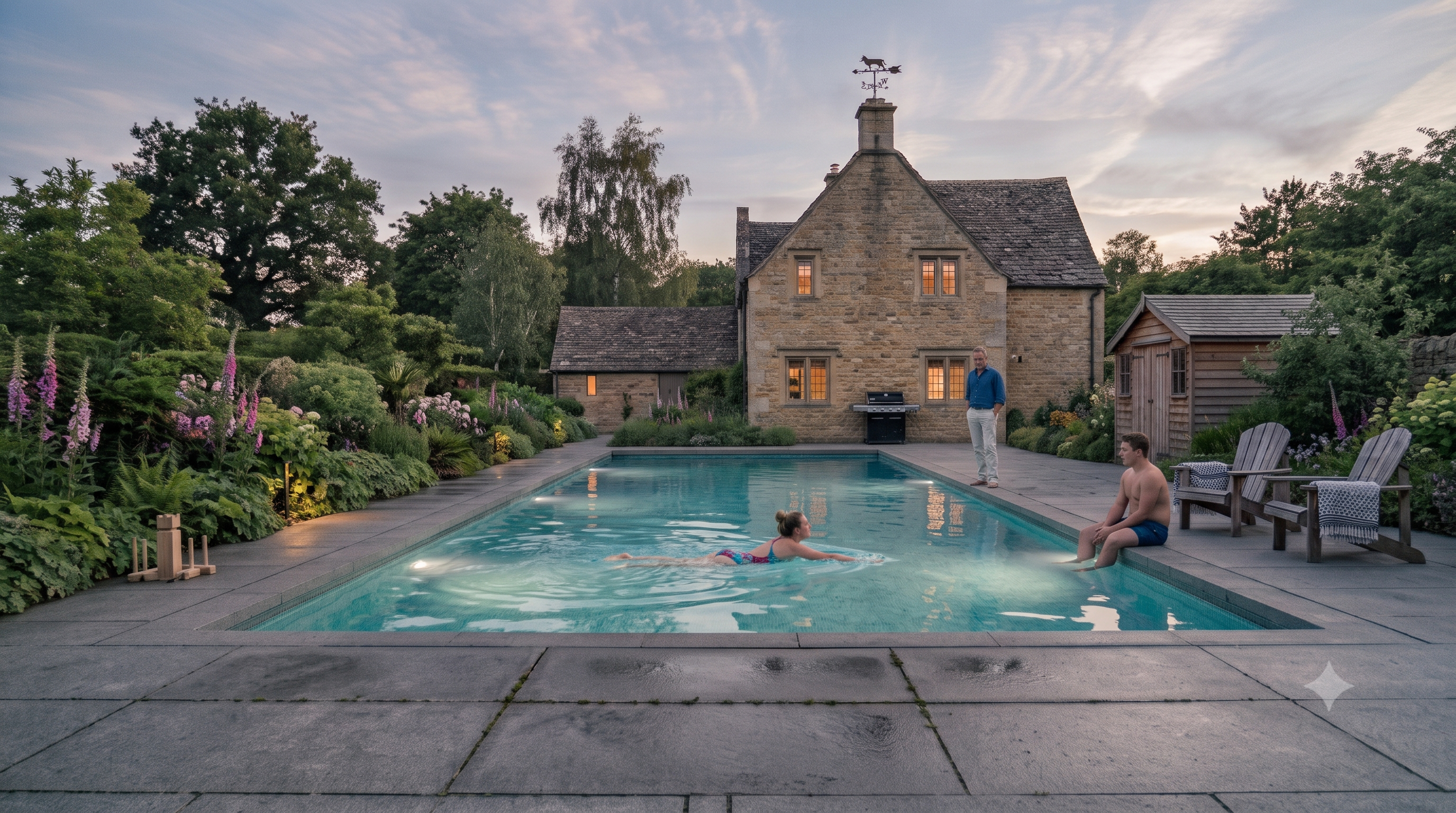 Sunlit turquoise swimming pool with a stainless ladder and timber deck
