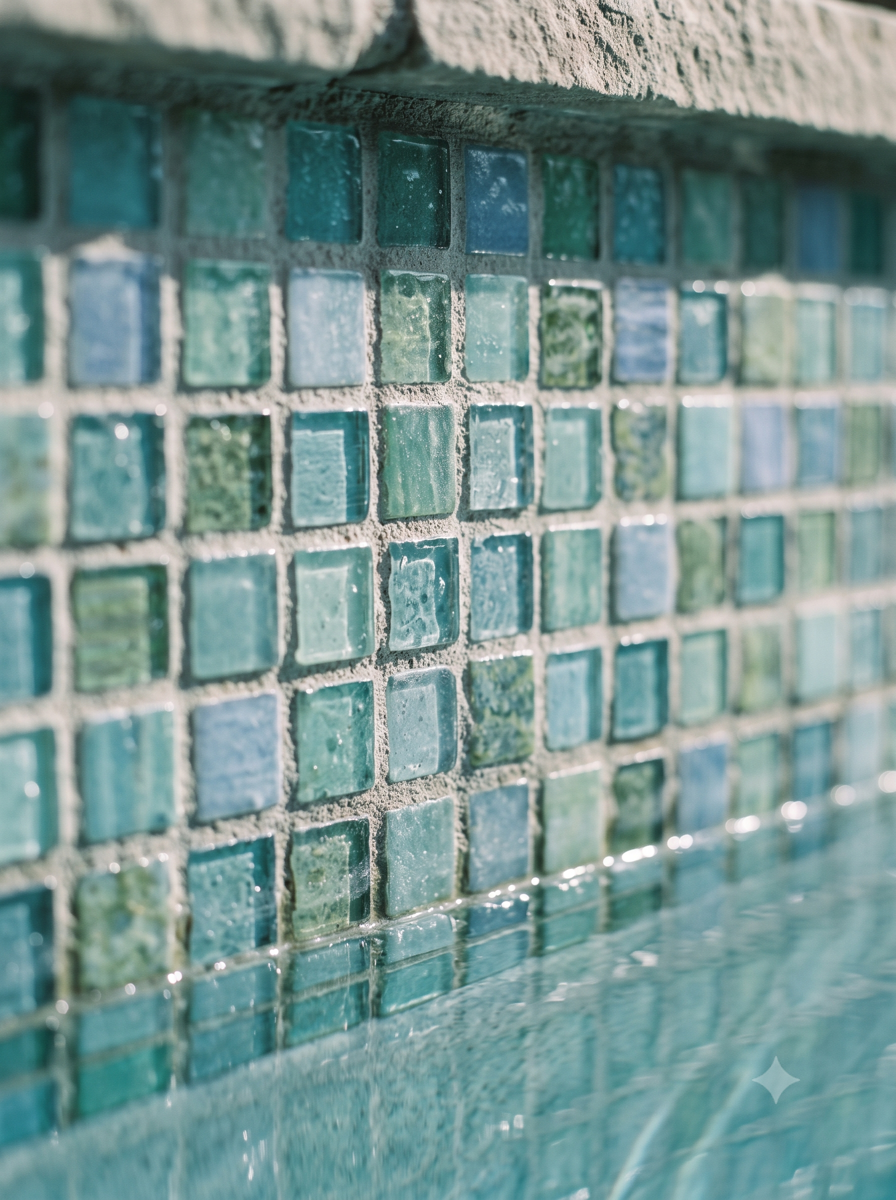 Marble-lined pool with a precisely tiled waterline and backlit coping